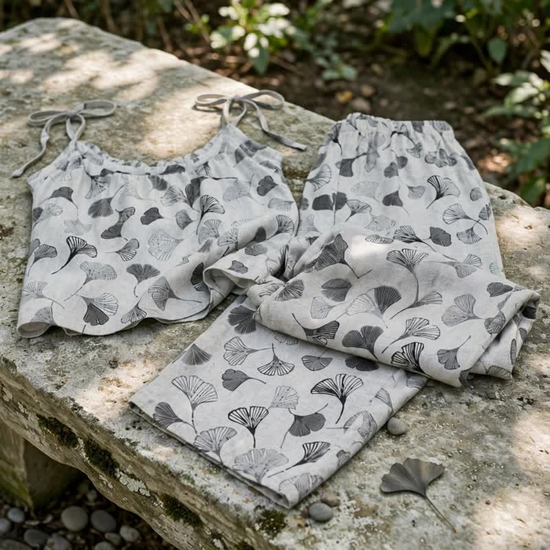 Ownkoti Vintage Ginkgo Leaf Cotton Cami Loungewear Set - image 10