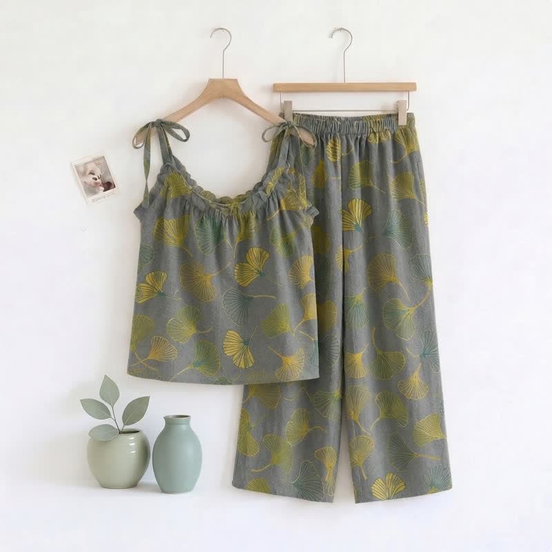 Ownkoti Retro Botanical Ginkgo Leaf Cotton Cami Loungewear Set - Gray - XL - image 7