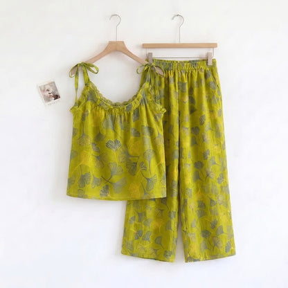 Ownkoti Retro Botanical Ginkgo Leaf Cotton Cami Loungewear Set - Green - XL - image 0