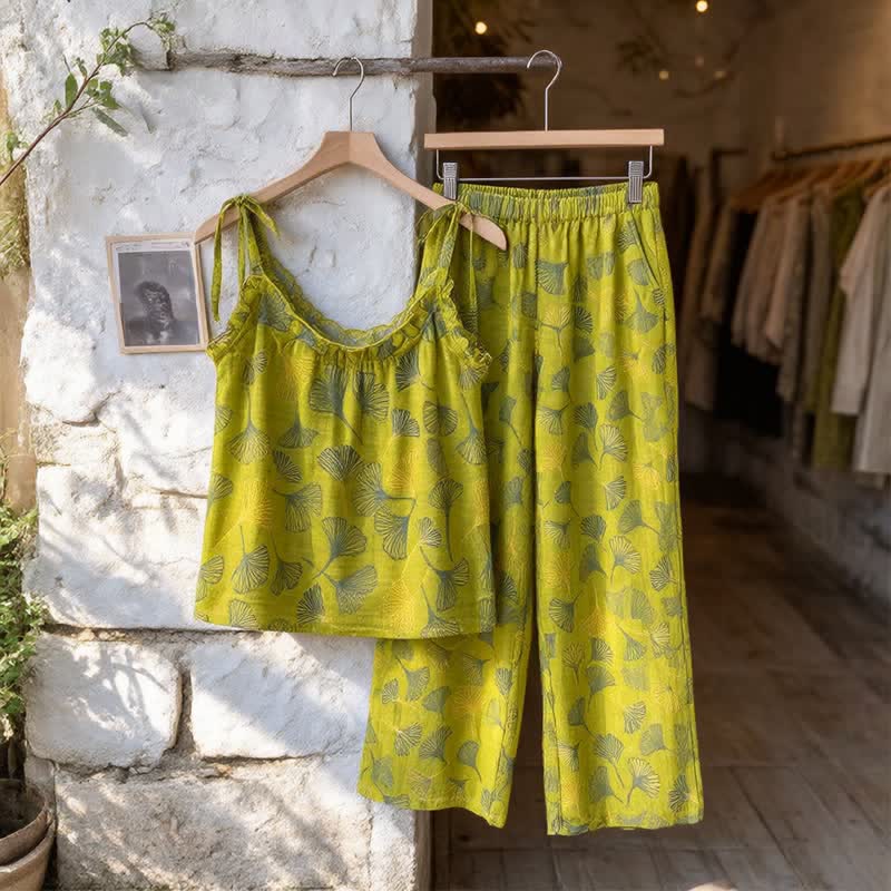 Ownkoti Retro Botanical Ginkgo Leaf Cotton Cami Loungewear Set - image 2