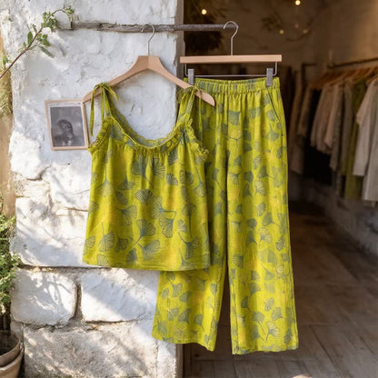 Ownkoti Retro Botanical Ginkgo Leaf Cotton Cami Loungewear Set - image 2