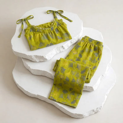 Ownkoti Retro Botanical Ginkgo Leaf Cotton Cami Loungewear Set - image 6