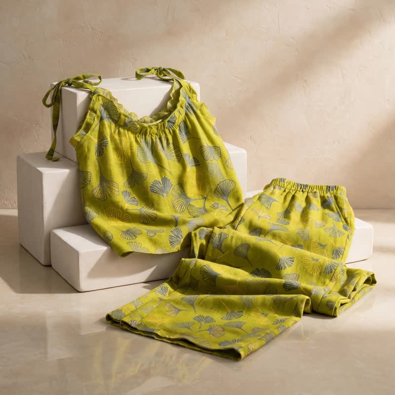 Ownkoti Retro Botanical Ginkgo Leaf Cotton Cami Loungewear Set - image 3
