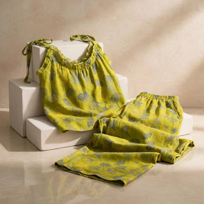 Ownkoti Retro Botanical Ginkgo Leaf Cotton Cami Loungewear Set - image 3