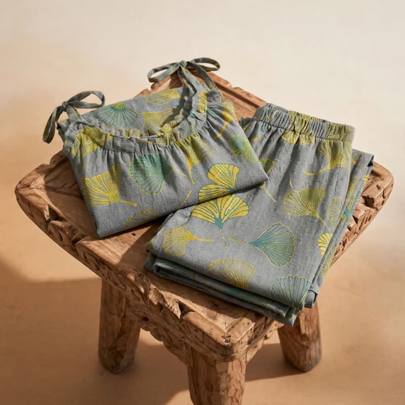 Ownkoti Retro Botanical Ginkgo Leaf Cotton Cami Loungewear Set - image 11