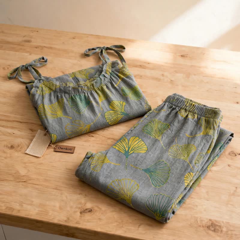 Ownkoti Retro Botanical Ginkgo Leaf Cotton Cami Loungewear Set - image 12