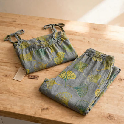 Ownkoti Retro Botanical Ginkgo Leaf Cotton Cami Loungewear Set - image 12