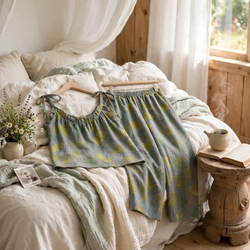 Ownkoti Retro Botanical Ginkgo Leaf Cotton Cami Loungewear Set - image 9