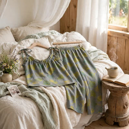 Ownkoti Retro Botanical Ginkgo Leaf Cotton Cami Loungewear Set - image 9