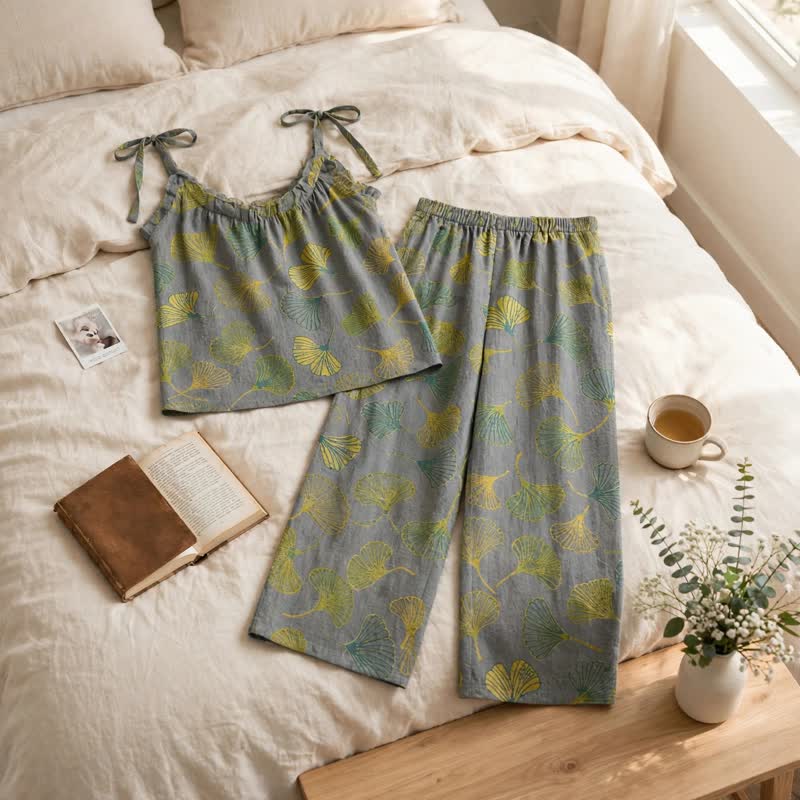 Ownkoti Retro Botanical Ginkgo Leaf Cotton Cami Loungewear Set - image 8