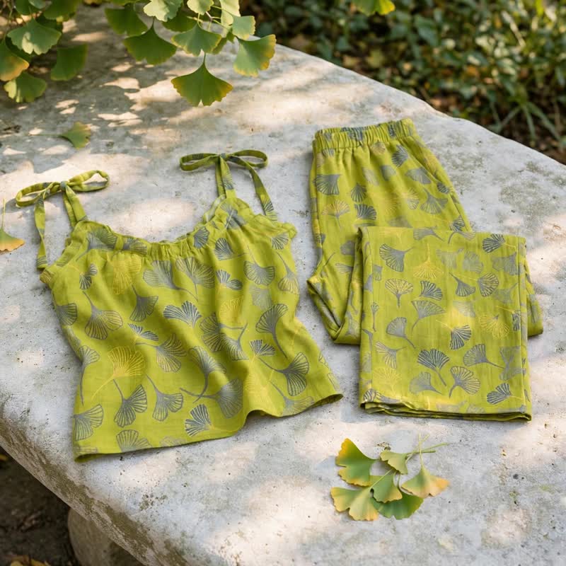 Ownkoti Retro Botanical Ginkgo Leaf Cotton Cami Loungewear Set - image 4