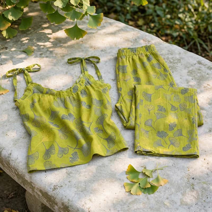Ownkoti Retro Botanical Ginkgo Leaf Cotton Cami Loungewear Set - image 4