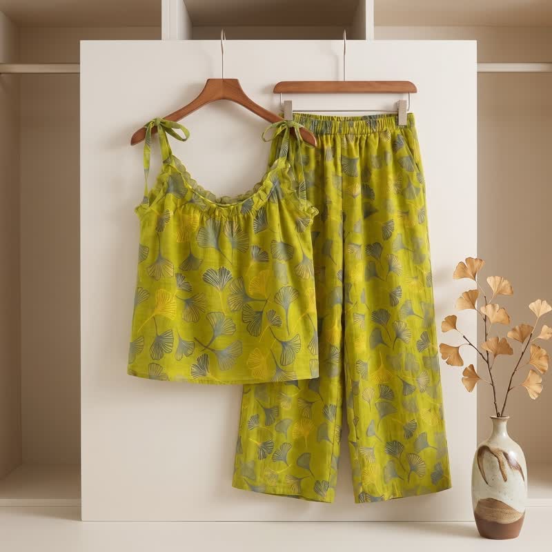 Ownkoti Retro Botanical Ginkgo Leaf Cotton Cami Loungewear Set - image 1