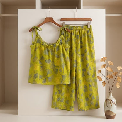 Ownkoti Retro Botanical Ginkgo Leaf Cotton Cami Loungewear Set - image 1