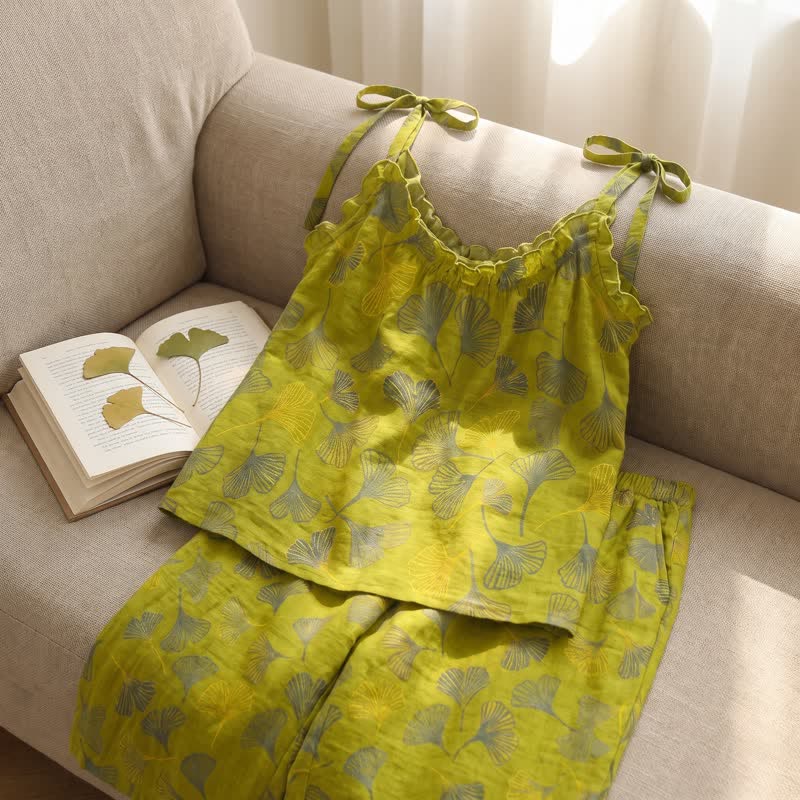 Ownkoti Retro Botanical Ginkgo Leaf Cotton Cami Loungewear Set - image 5