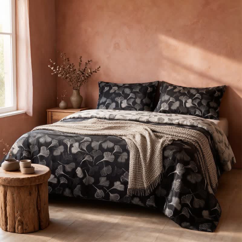 Ownkoti Vintage Black Ginkgo Leaf Reversible Cotton Bedding Set - image 5