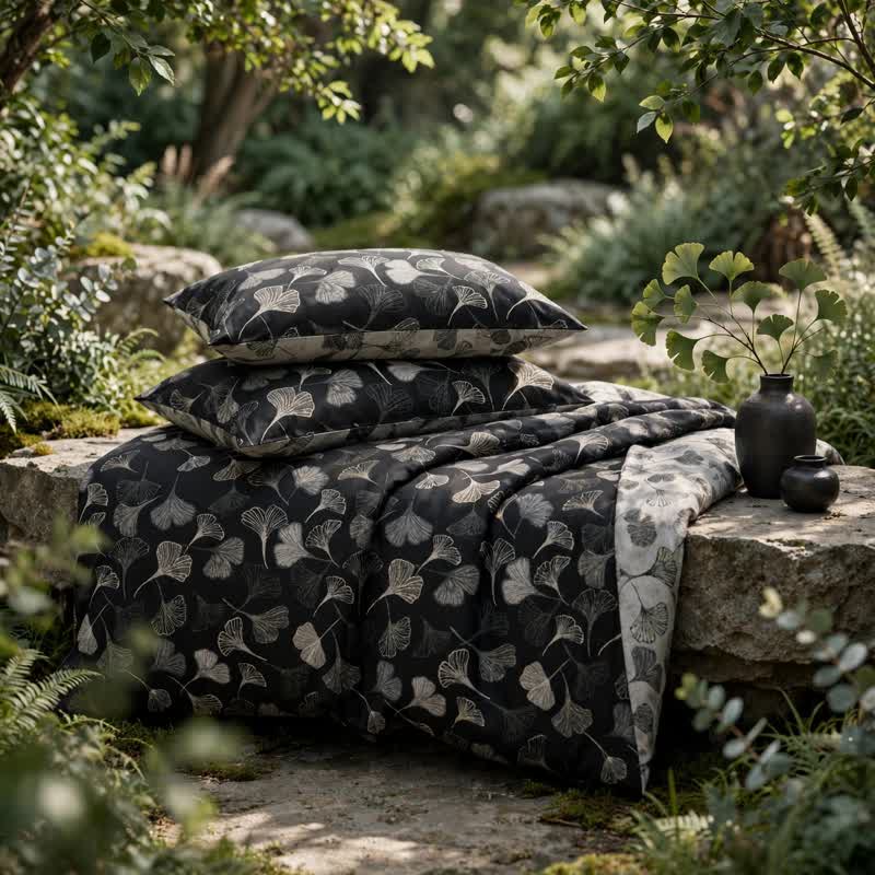 Ownkoti Vintage Black Ginkgo Leaf Reversible Cotton Bedding Set - Black - 2PCS Pillowcases - 40" x 20" - image 5