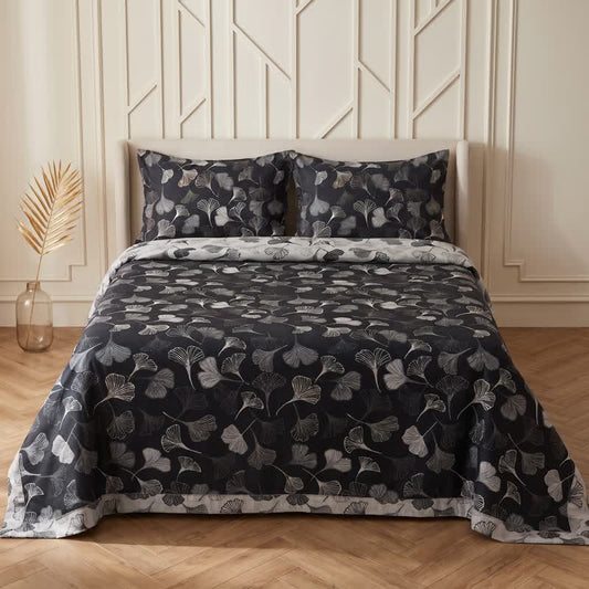 Ownkoti Vintage Black Ginkgo Leaf Reversible Cotton Bedding Set - Black - Bedspread with 2PCS Pillowcases - King - image 0