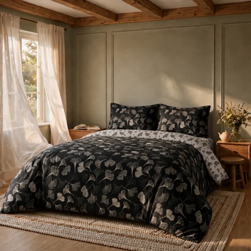 Ownkoti Vintage Black Ginkgo Leaf Reversible Cotton Bedding Set - image 3