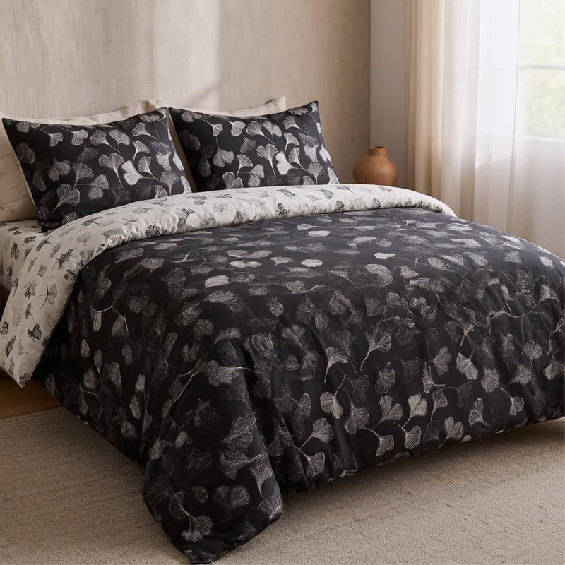 Ownkoti Vintage Black Ginkgo Leaf Reversible Cotton Bedding Set - Black - 2PCS Pillowcases - 20" x 37" - image 1