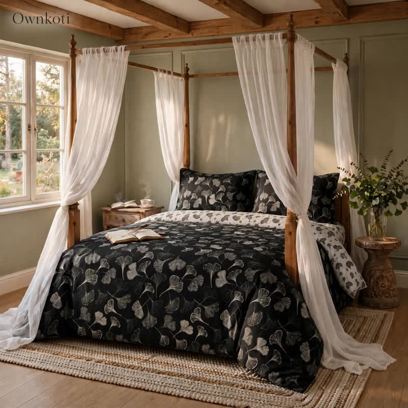 Ownkoti Vintage Black Ginkgo Leaf Reversible Cotton Bedding Set - image 4