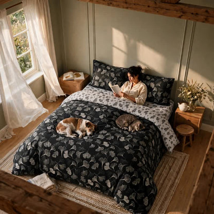 Ownkoti Vintage Black Ginkgo Leaf Reversible Cotton Bedding Set - image 5