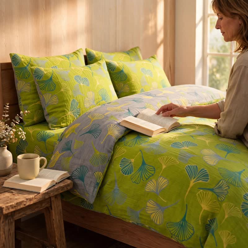 Ownkoti Vintage Green Ginkgo Leaf Cotton Reversible Bedding Set - image 4