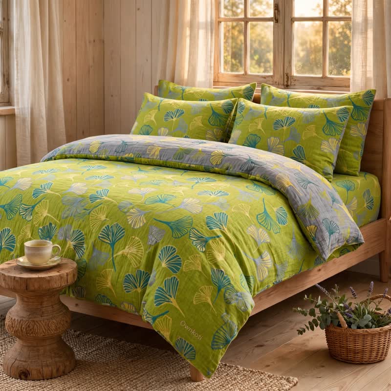 Ownkoti Vintage Green Ginkgo Leaf Cotton Reversible Bedding Set - image 3