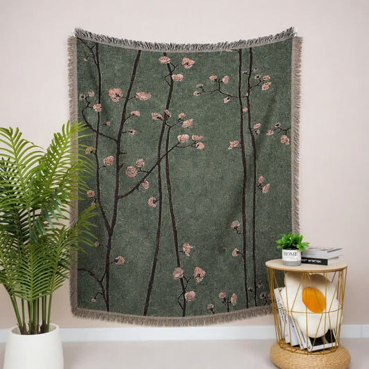 Ownkoti Vintage Green Plum Blossom Tasseled Decorative Throw - 51" x 63" - image 0