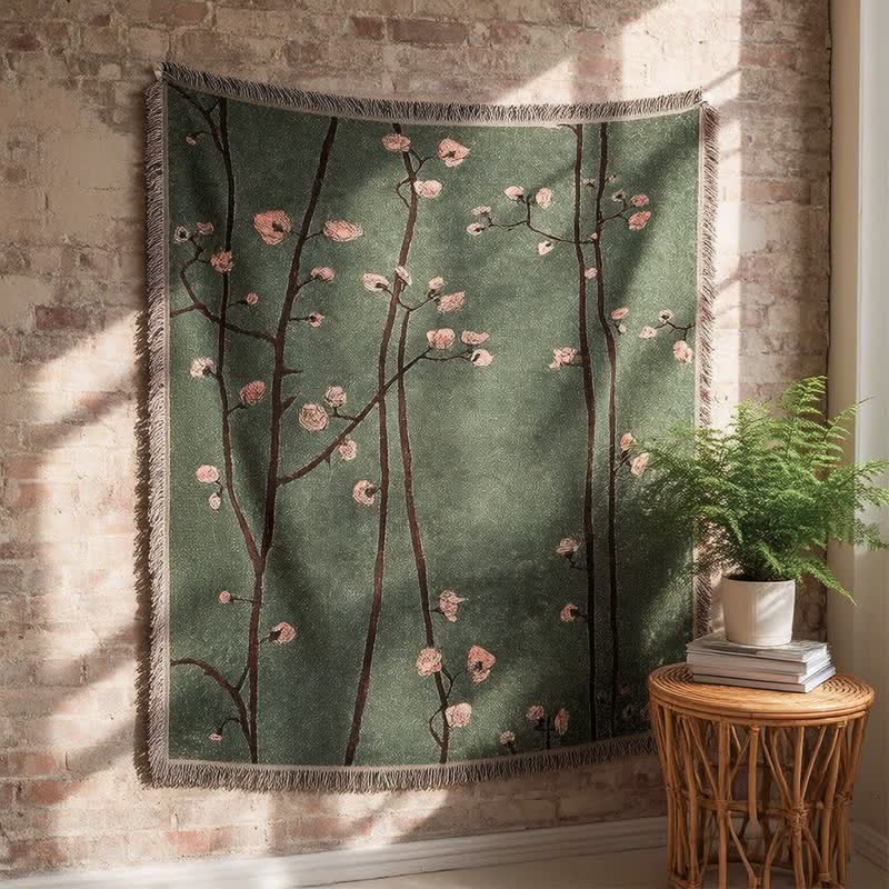 Ownkoti Vintage Green Plum Blossom Tasseled Decorative Throw - image 1