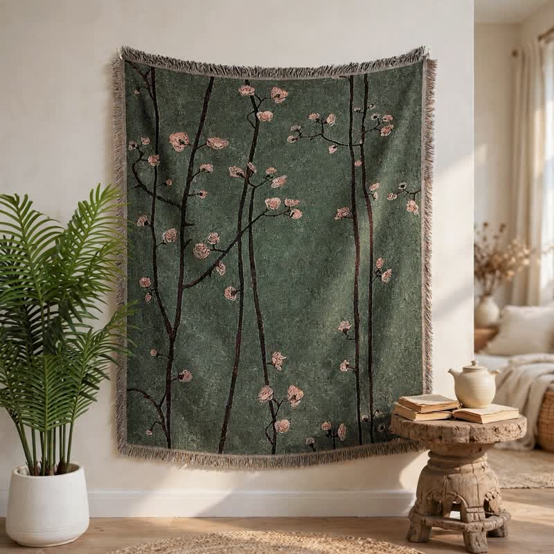 Ownkoti Vintage Green Plum Blossom Tasseled Decorative Throw - image 2