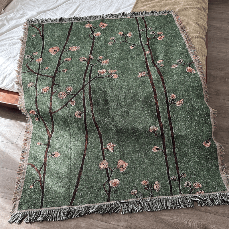 Ownkoti Vintage Green Plum Blossom Tasseled Decorative Throw - image 4