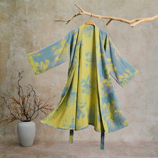 Ownkoti Bohemian Floral Cotton Double Gauze Kimono Robe - Cyan - 2XL - image 0