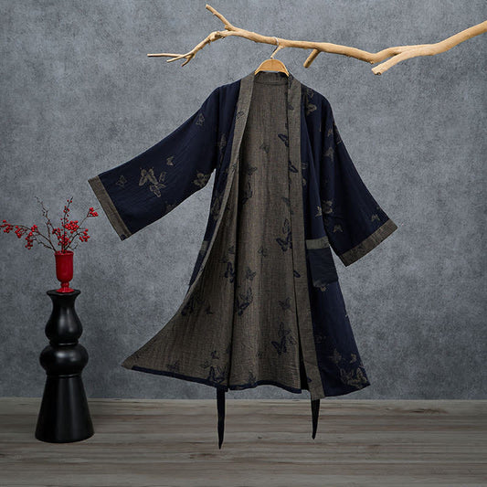 Ownkoti Navy Butterfly Cotton Double Gauze Kimono Robe - Navy - 2XL - image 0