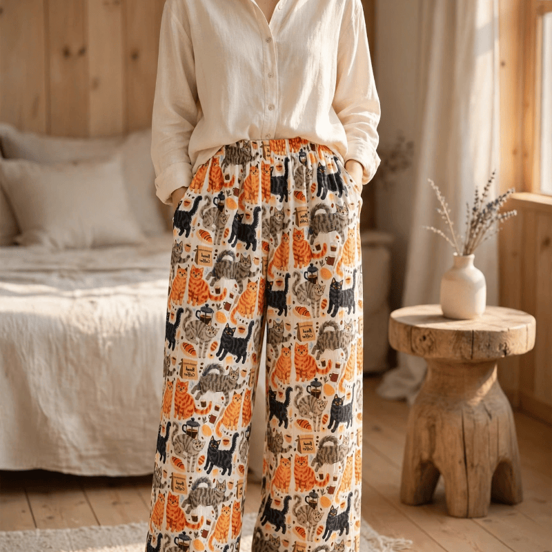 Ownkoti Cartoon Orange Cat Cotton Gauge Lounge Pants - image 2