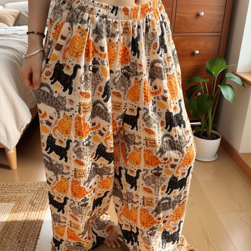 Ownkoti Cartoon Orange Cat Cotton Gauge Lounge Pants - image 3