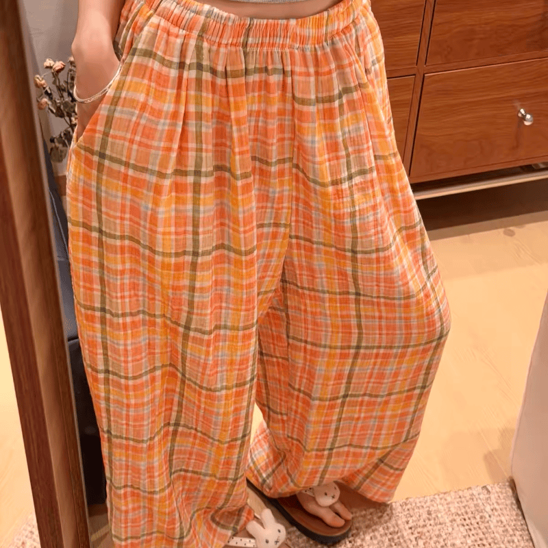 Ownkoti Orange‑Soda Plaid Cotton Gauge Lounge Pants - image 1
