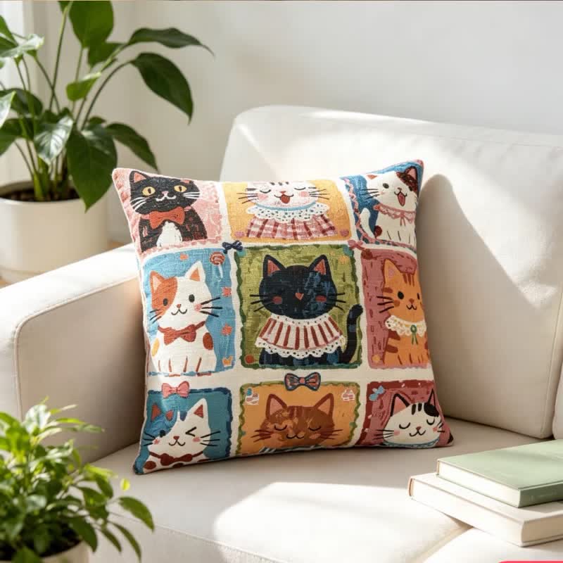 Ownkoti Whimsical Multi‑Kitten Grid Illustration Cotton Pillow - 18" x 18" - With Insert - image 0