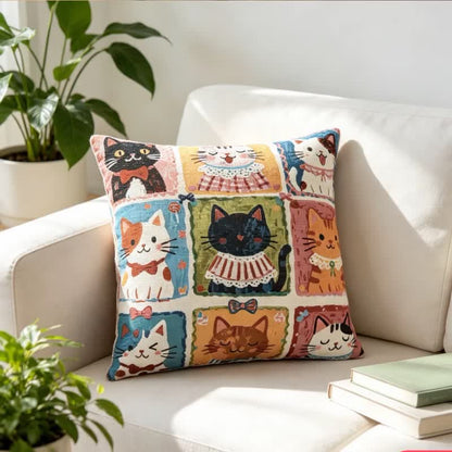 Ownkoti Whimsical Multi‑Kitten Grid Illustration Cotton Pillow - 18" x 18" - With Insert - image 0