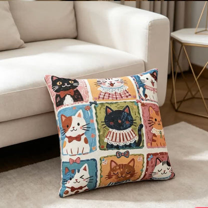Ownkoti Whimsical Multi‑Kitten Grid Illustration Cotton Pillow - image 1