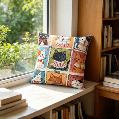 Ownkoti Whimsical Multi‑Kitten Grid Illustration Cotton Pillow - image 3