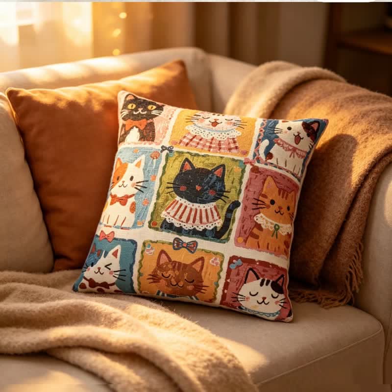 Ownkoti Whimsical Multi‑Kitten Grid Illustration Cotton Pillow - image 4