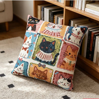 Ownkoti Whimsical Multi‑Kitten Grid Illustration Cotton Pillow - image 2