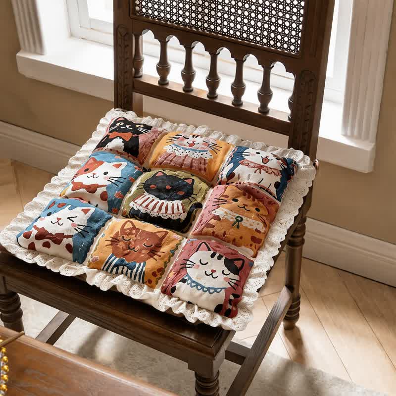 Ownkoti Lace‑Trim Grid‑Cat Cotton Chair Cushion - 16" x 16" - image 0