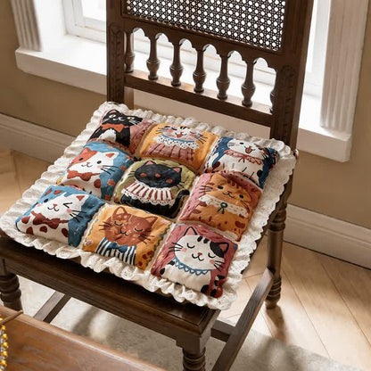 Ownkoti Lace‑Trim Grid‑Cat Cotton Chair Cushion - 16" x 16" - image 0
