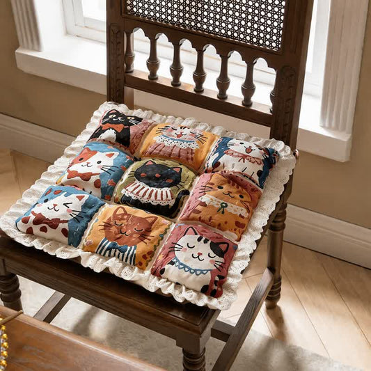 Ownkoti Lace‑Trim Grid‑Cat Cotton Chair Cushion - 16" x 16" - image 0