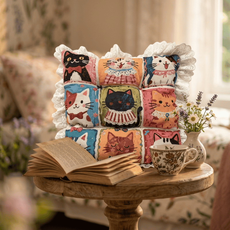 Ownkoti Lace‑Trim Grid‑Cat Cotton Chair Cushion - image 3