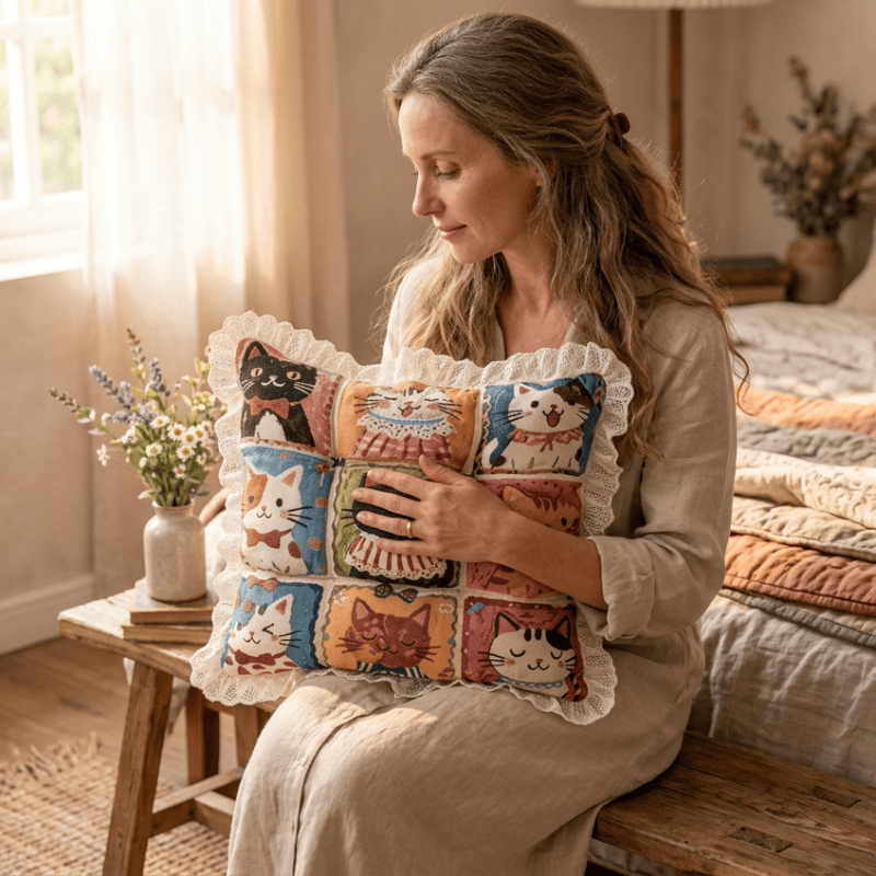 Ownkoti Lace‑Trim Grid‑Cat Cotton Chair Cushion - image 5
