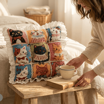 Ownkoti Lace‑Trim Grid‑Cat Cotton Chair Cushion - image 4