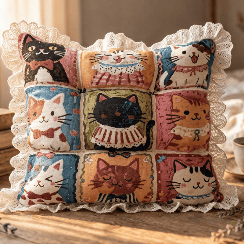 Ownkoti Lace‑Trim Grid‑Cat Cotton Chair Cushion - image 1